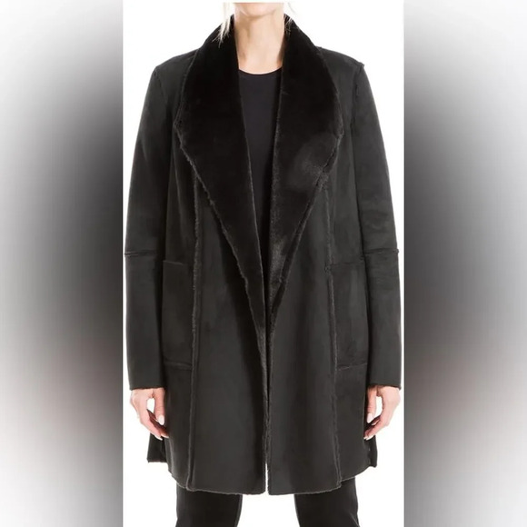 Max Studio Women's Black Faux Fur Suede Long Jacket. Alternate collar options. - Picture 1 of 13